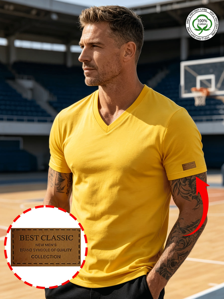 100% Cotton Men's Pure Cotton Casual V-Neck Solid Color Short Sleeve Shirt, Zhangzi Design Basic Classic Style, Breathable and Smooth, Versatile Top for Business Layering, Outings, Shopping, or Sports - Yellow