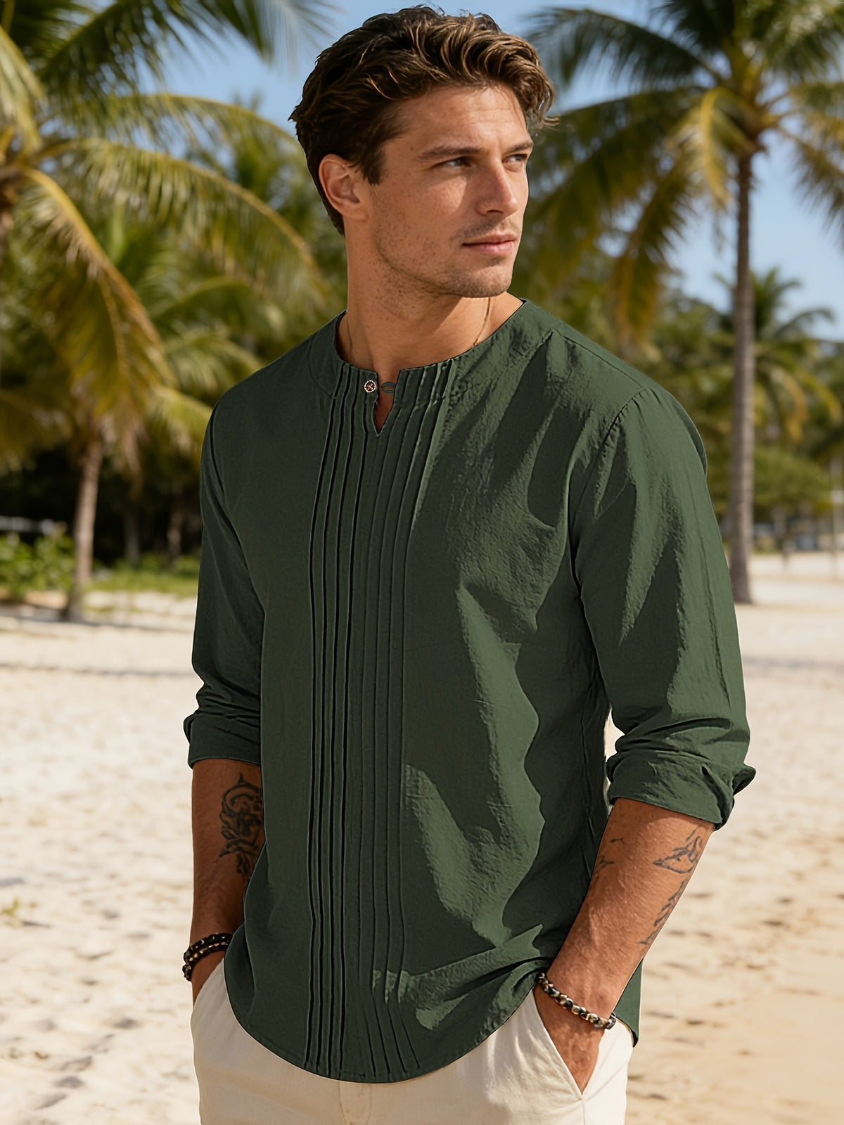 Men'S Summer New Pleated Texture Top, Henley Collar Single Button Design, Lightweight Breathable Loose Casual Vacation Style Long Sleeve Shirt - Dark Green