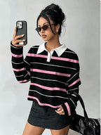 [Printed Design – Not Textured] Women's New Long-Sleeve Fashionable and Versatile Polo Shirt, American Vintage Striped Style in Black, Light Blue, and White Contrasting Horizontal Stripes with White Collar and Printed Long Sleeves. A Flattering - Pink Color