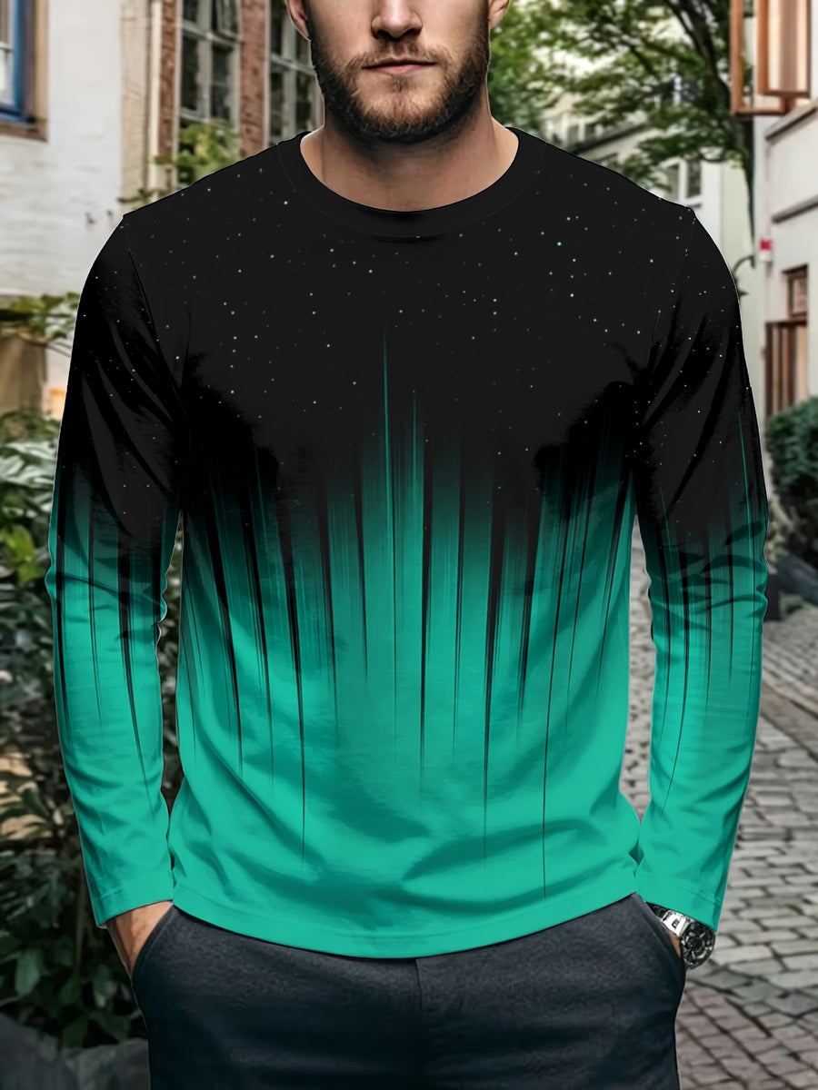 Printed Design - Not Textured Men's Long Sleeve Crew Neck Sweatshirt, Black Gradient Green Starry Sky Line Print, Casual Daily Commute Versatile Trendy Top - Mixed colors