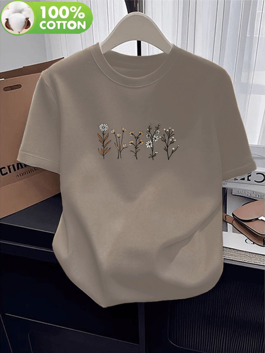 100% Women's T-Shirt, Summer Short Sleeve Thin Top, Trendy and Fashionable Standard Fit, Comfortable and Breathable, Loose and, Simple and Fresh with Plant and Floral Pattern - Khaki