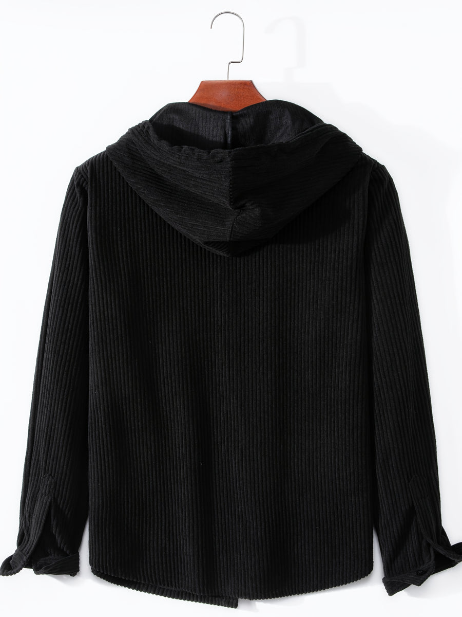 Men's Solid Color Patchwork Spring-Autumn Fashion Long-Sleeved Hooded Shirt Sweater Coat - Black