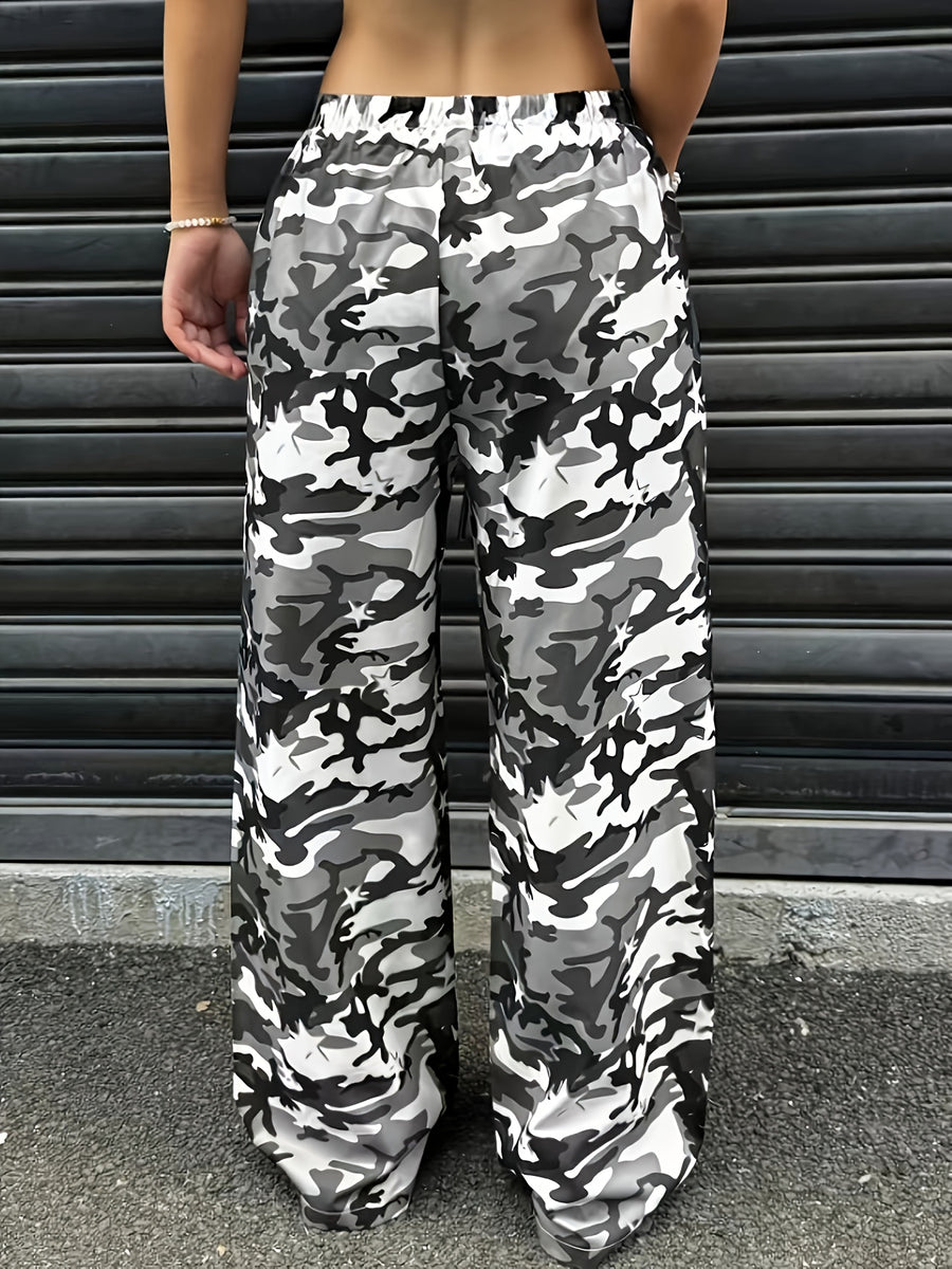 YY0720291 Women'S Casual Camo Print Drawstring Wide-Leg Pants - Multicolor