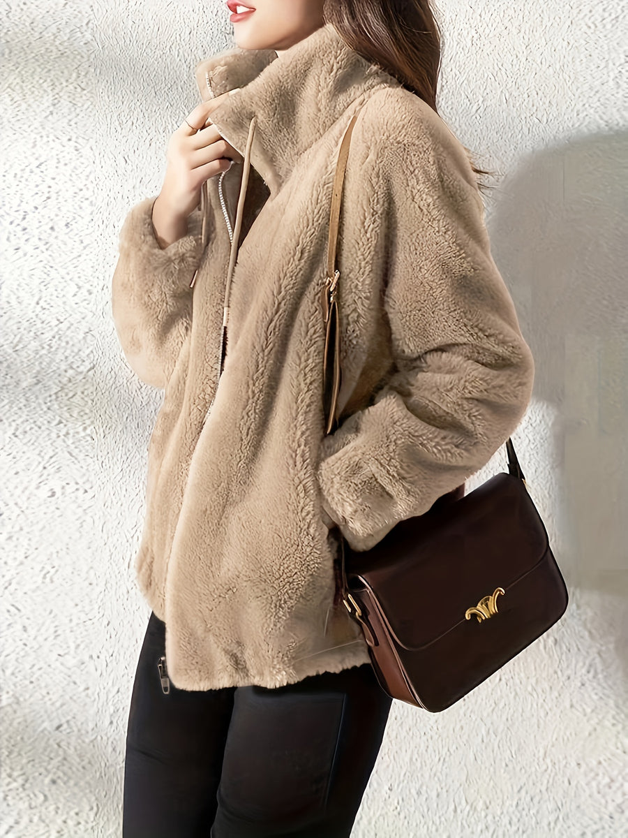 Solid Color Plush Coat, Stand Collar Thick Warm Zipper Drawstring Loose Women'S Coat - Khaki