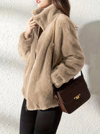 Solid Color Plush Coat, Stand Collar Thick Warm Zipper Drawstring Loose Women'S Coat - Khaki