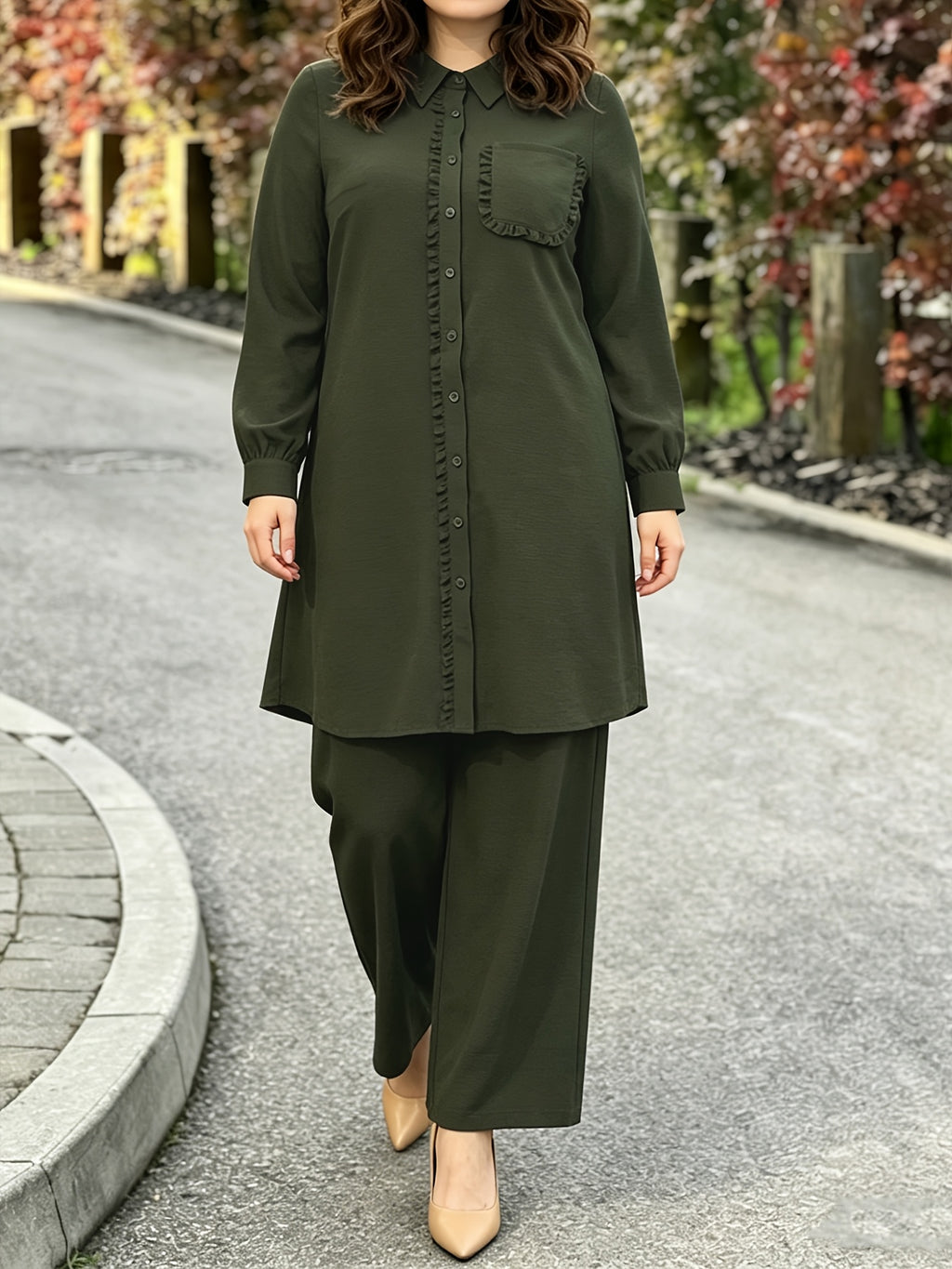 Eid | Elegant Plain Fril Muslim 2pcs Jalabiya Set | Elegant Abaya Women Modest with Pocket & Placket Ruffle Trim + Loose Wide-Leg Pants | Daily Home Leisure Commute Wear - Dark Green