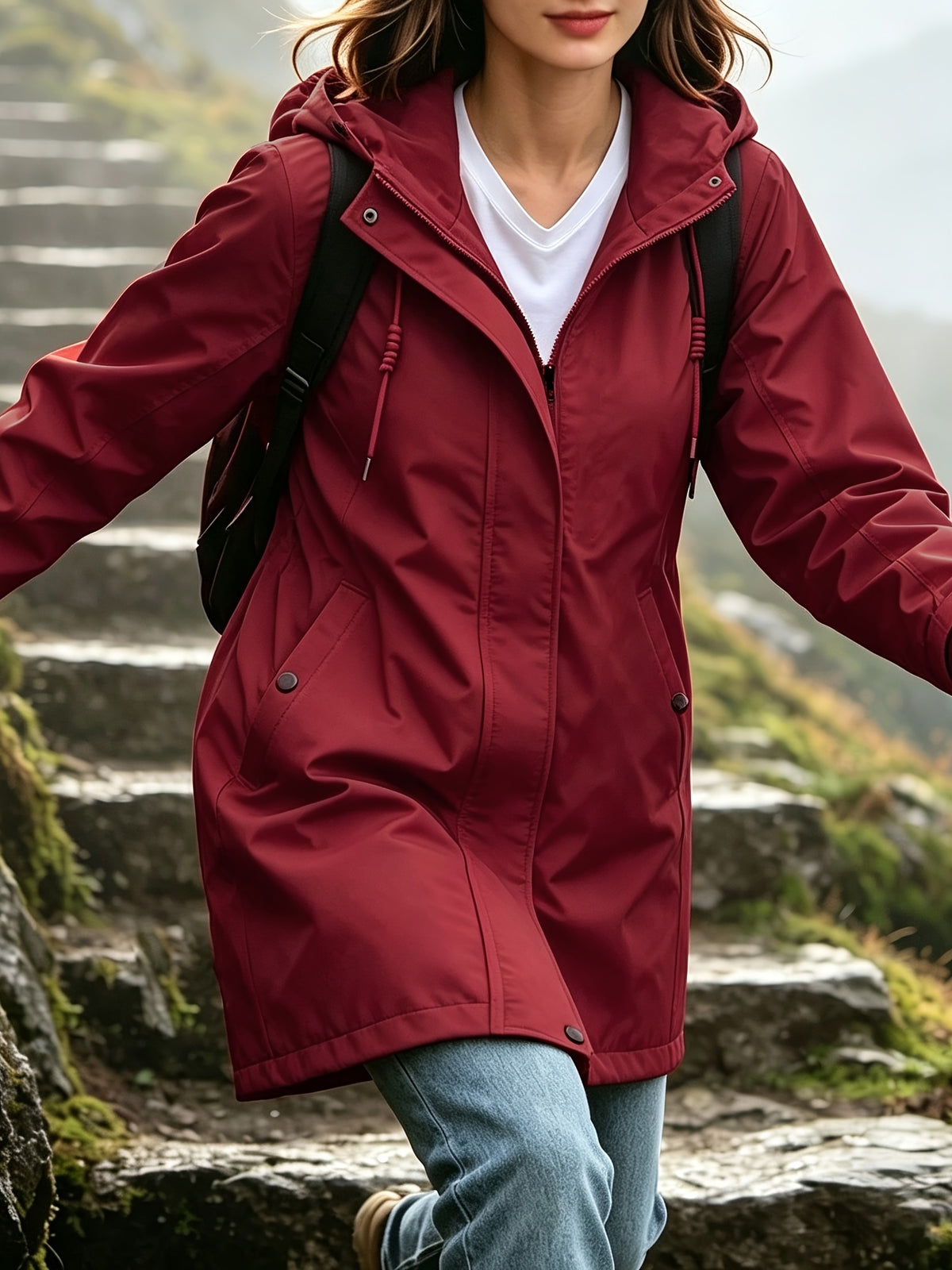 New Women'S Mid-Length Hooded Trench Coat, Spring Autumn Loose Casual Jacket Outdoor Drawstring Pocket Women'S Jacket Top - Deep Red