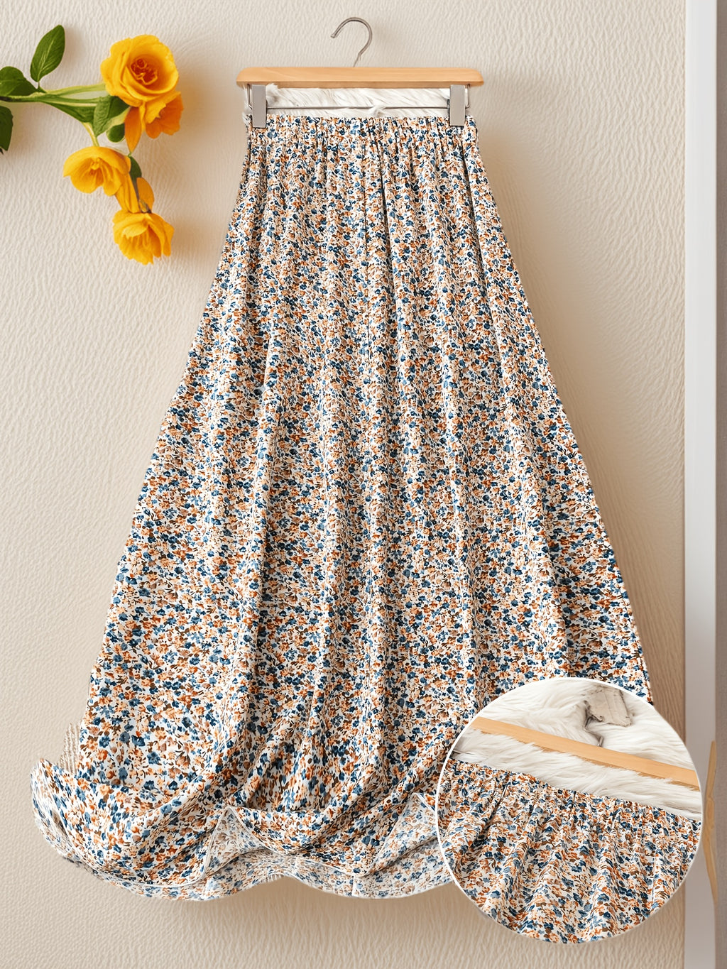 Women's High Waist Floral Maxi Skirt, A-Line Flowy Resort Skirt, French Style Elegant Dress for Spring Summer Fall - Apricot