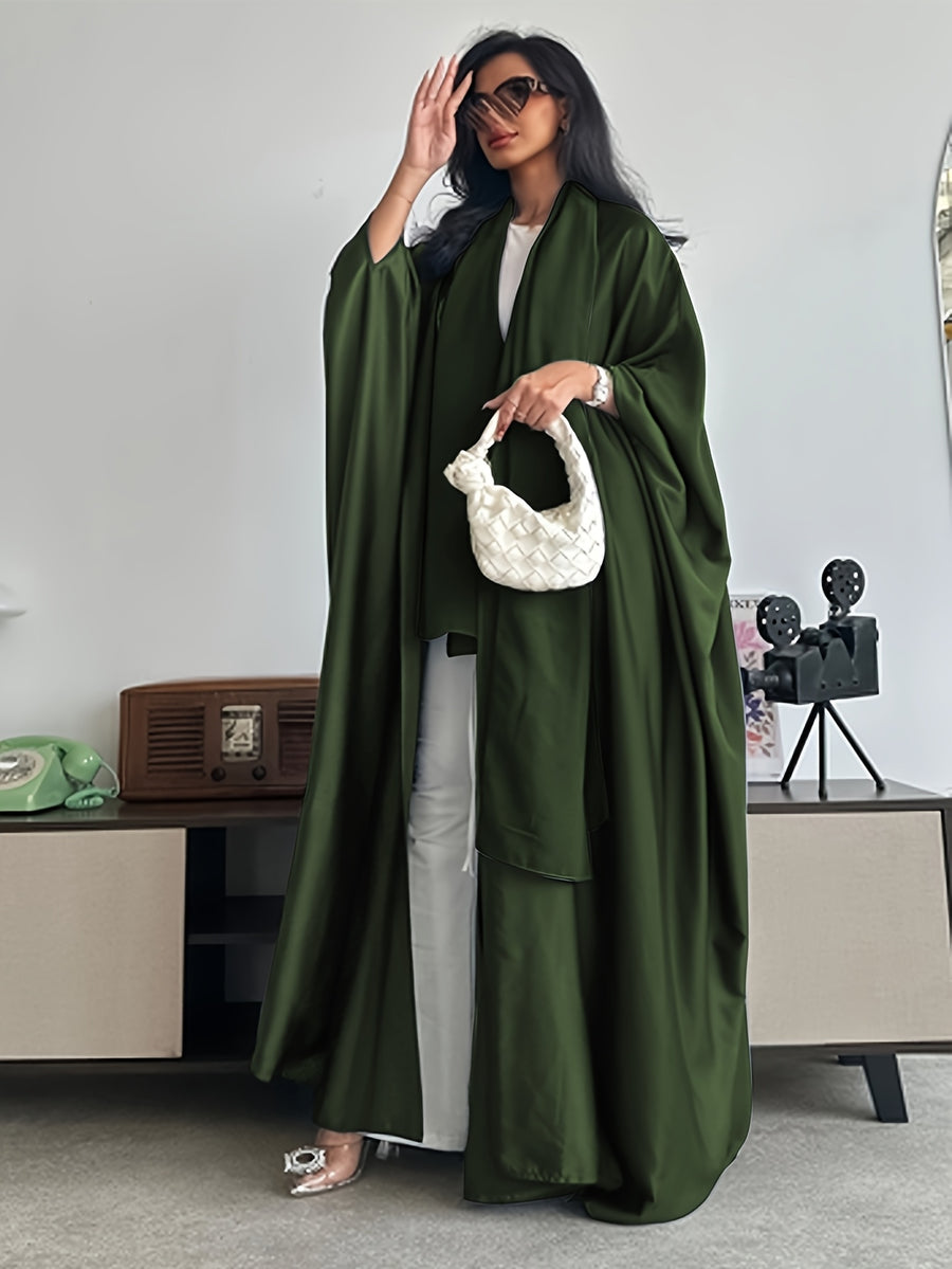 Middle Eastern Muslim Solid Color Loose Robe with Batwing Sleeves, Long Dubai Cardigan with Headscarf - Olive Green