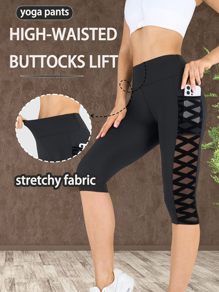 1pc New Autumn Women'S Leggings, Mesh Stitching High Elastic High Waist 7-Point Pants, with Pockets Breathable Sweat-Absorbent Leggings - Black