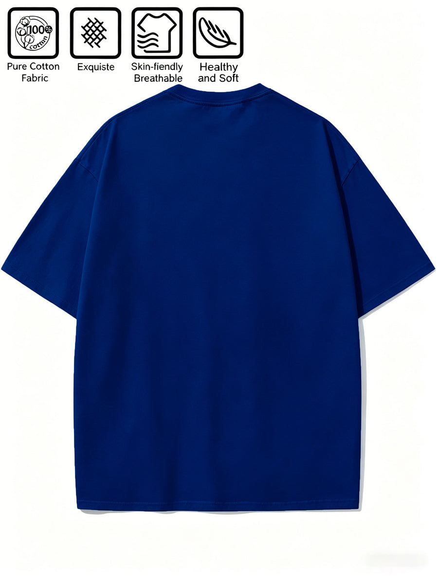 Cartoon Pattern Print T-Shirt, Round Neck Design, Pure Short Sleeve Street Casual Wear. Easy And Comfortable, Versatile Summer Short Sleeve T-Shirt, Suitable for Men'S Outdoor Activities, Gym Studio, Office Daily Wear - Royal Blue