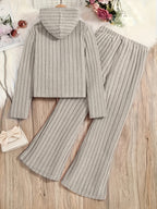 A Set of Women's Rib- Cable- Letter-appliqué Hoodie and Flared Pants - Apricot