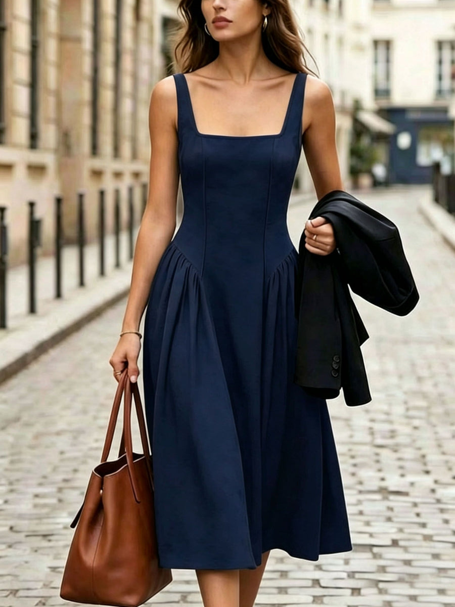 Fashionable Women's Sleeveless Puff-Style Solid Color Dress (Accessories Not Included) - New Spring/Summer Women's Clothing, Most Popular Korean Women's Apparel, Casual and Elegant Women's Dresses, Hot-Look Outfits, Women's Dresses, Women's Summer - Navy Color