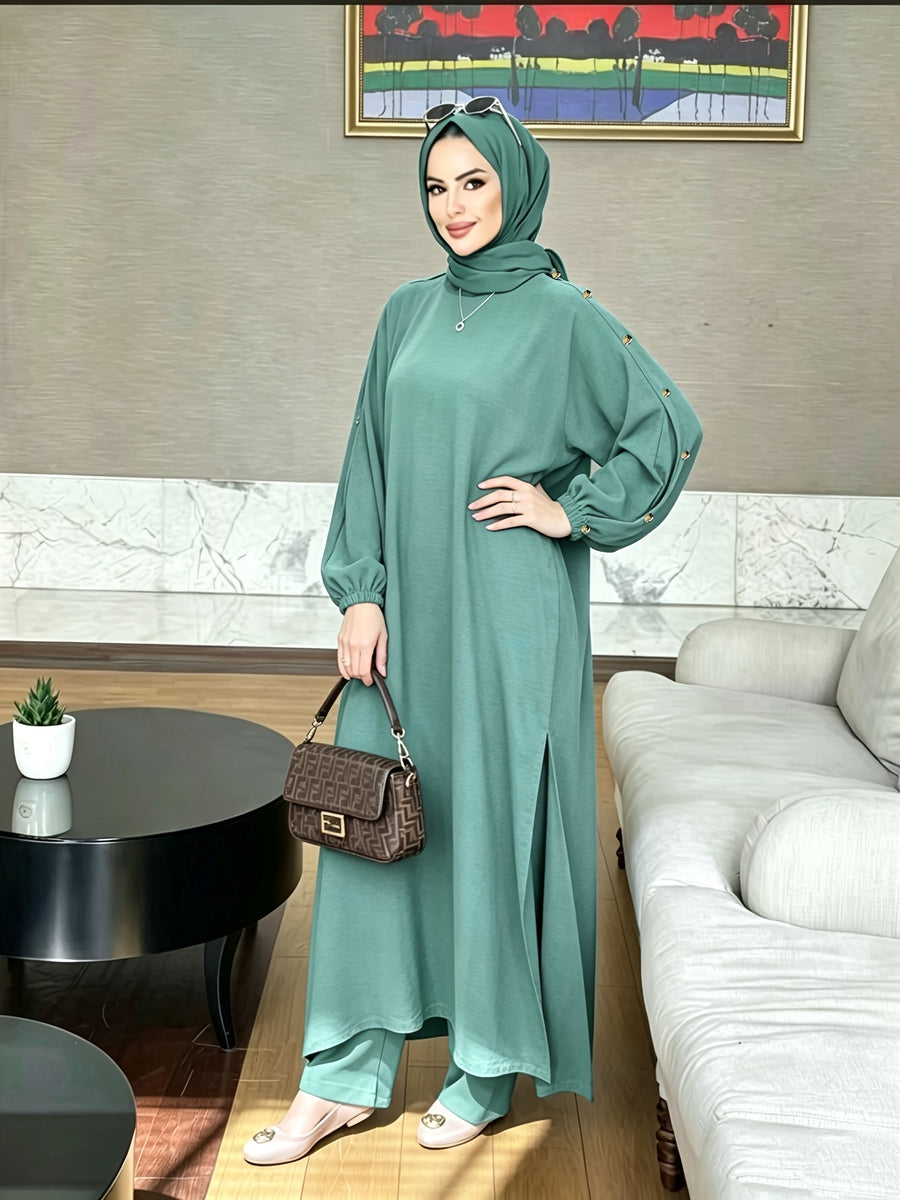 2026 New Loose, Casual And Fashionable, Commuting All-Purpose Long Two-Piece Set with Round Neck And Golden Button Pocket Design - 8075 Army Green