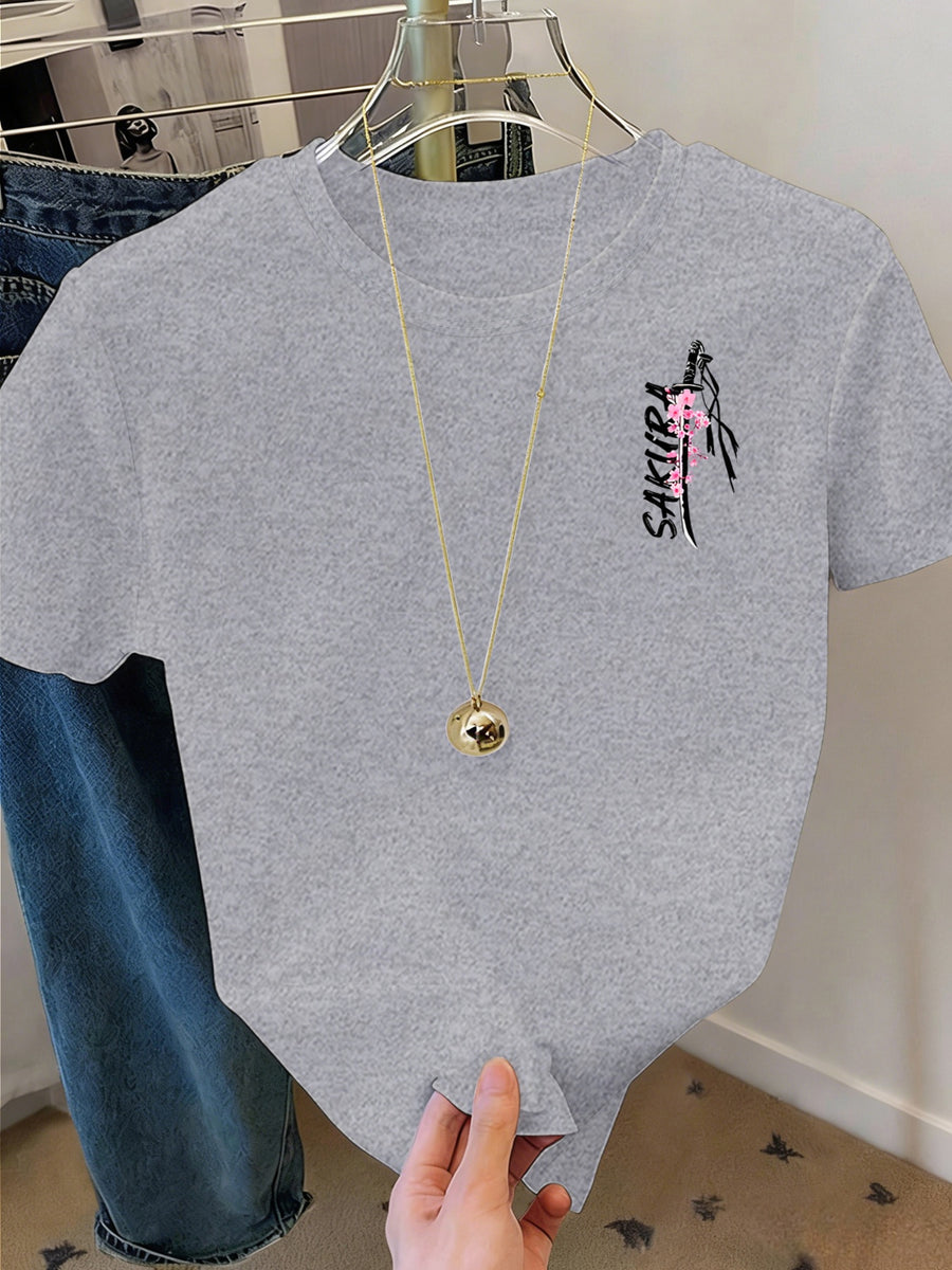Women's Samurai Sword Print T-Shirt - Cherry Blossom & Katana Design Short Sleeve Round Neck -Compatible Fit Suitable for Spring Summer Fall Casual Wear, Machine Washable -Themed Outfits - Heather Grey
