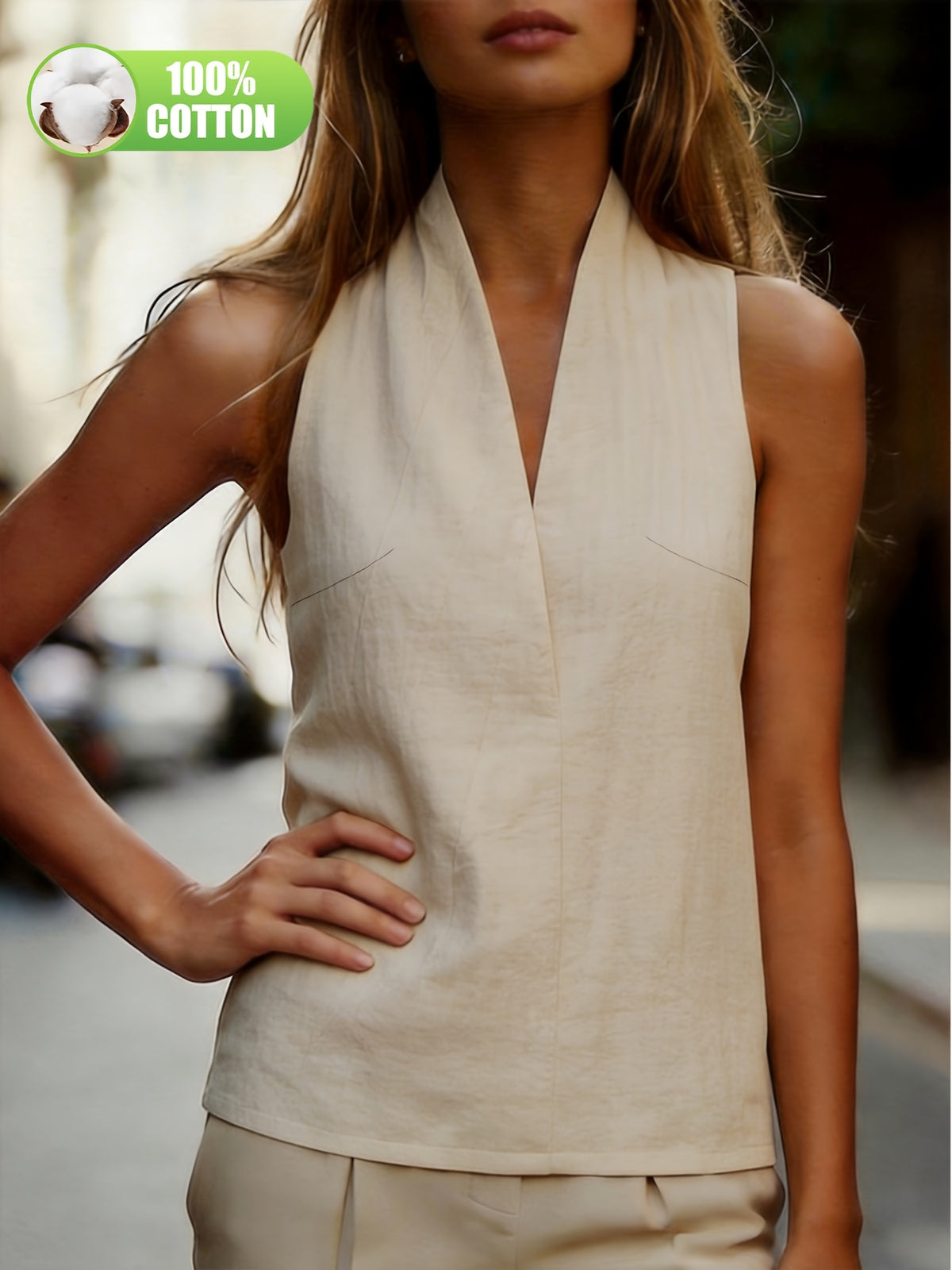 Summer Women'S New Fashion Premium Sense Professional Daily Commute Solid 100% Versatile Easy Halter Off-Shoulder V-Neck Tank Top Blouse ASD1 - Linen