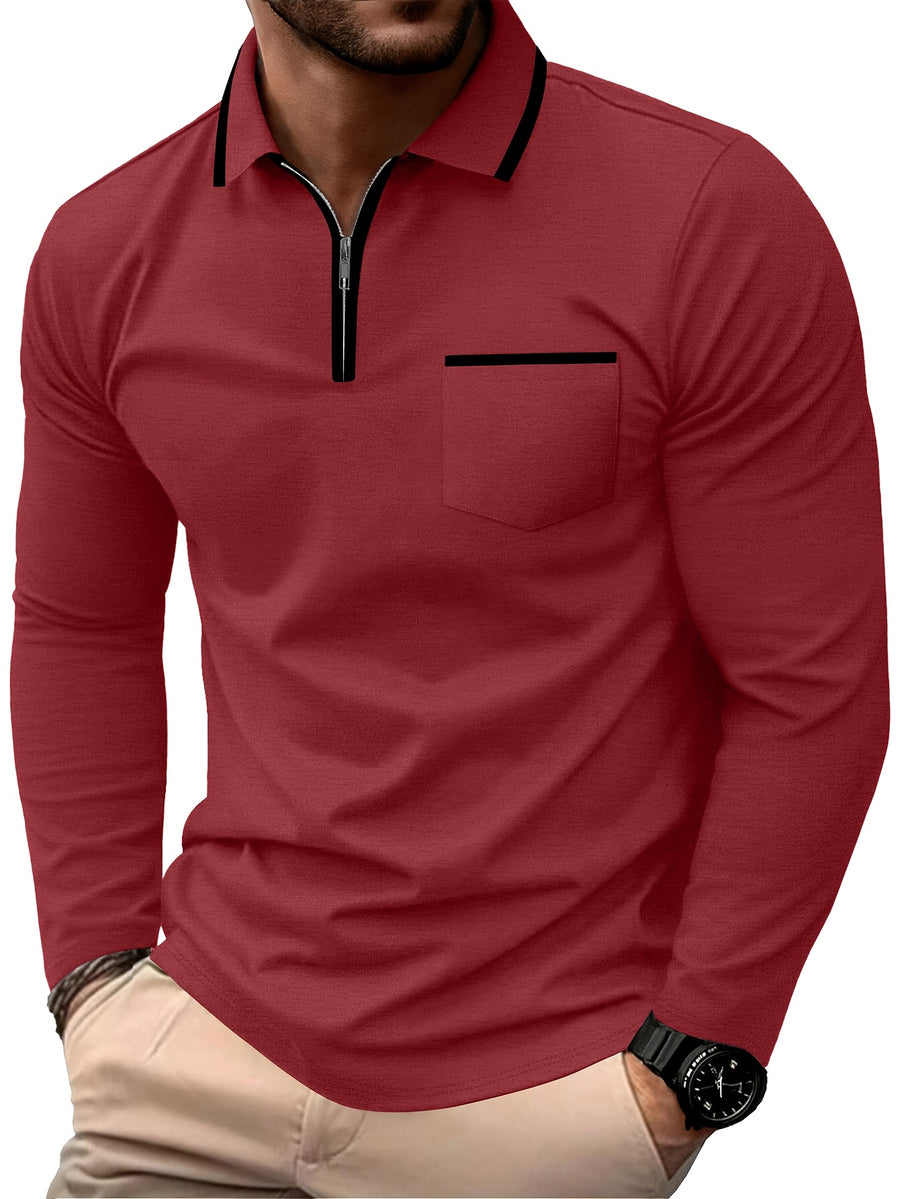 Autumn Cross-Border American Men'S Long Sleeve Polo Shirt Men'S Base Layer Contrast Top - Red