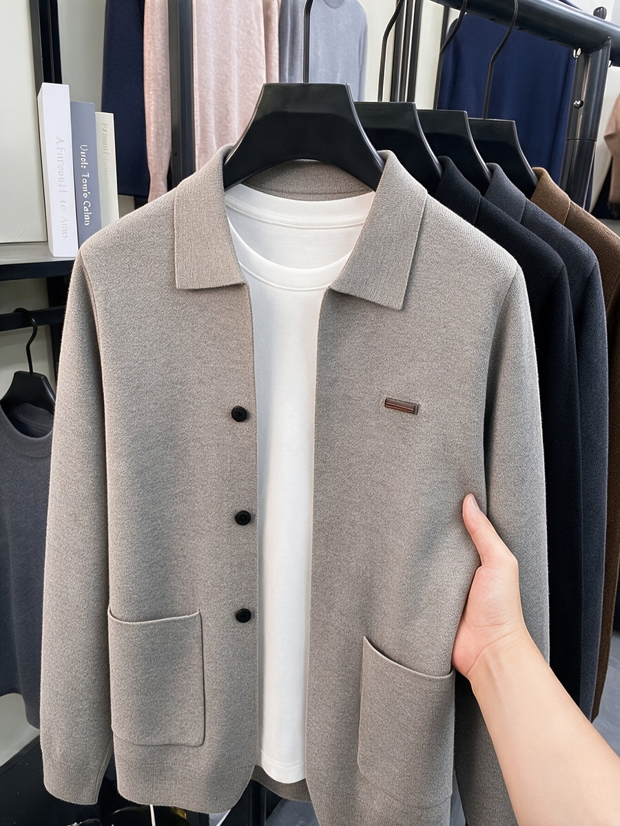 Du Jing Lan OBM Men's Autumn/Winter New Arrival Knitted Cardigan, Old Money Style Solid Color Single-Breasted Open Front Lapel Knit Cardigan, Men's Business Casual Fashion Open Front Knit Cardigan Top, Suitable for Layering in Spring - Khaki
