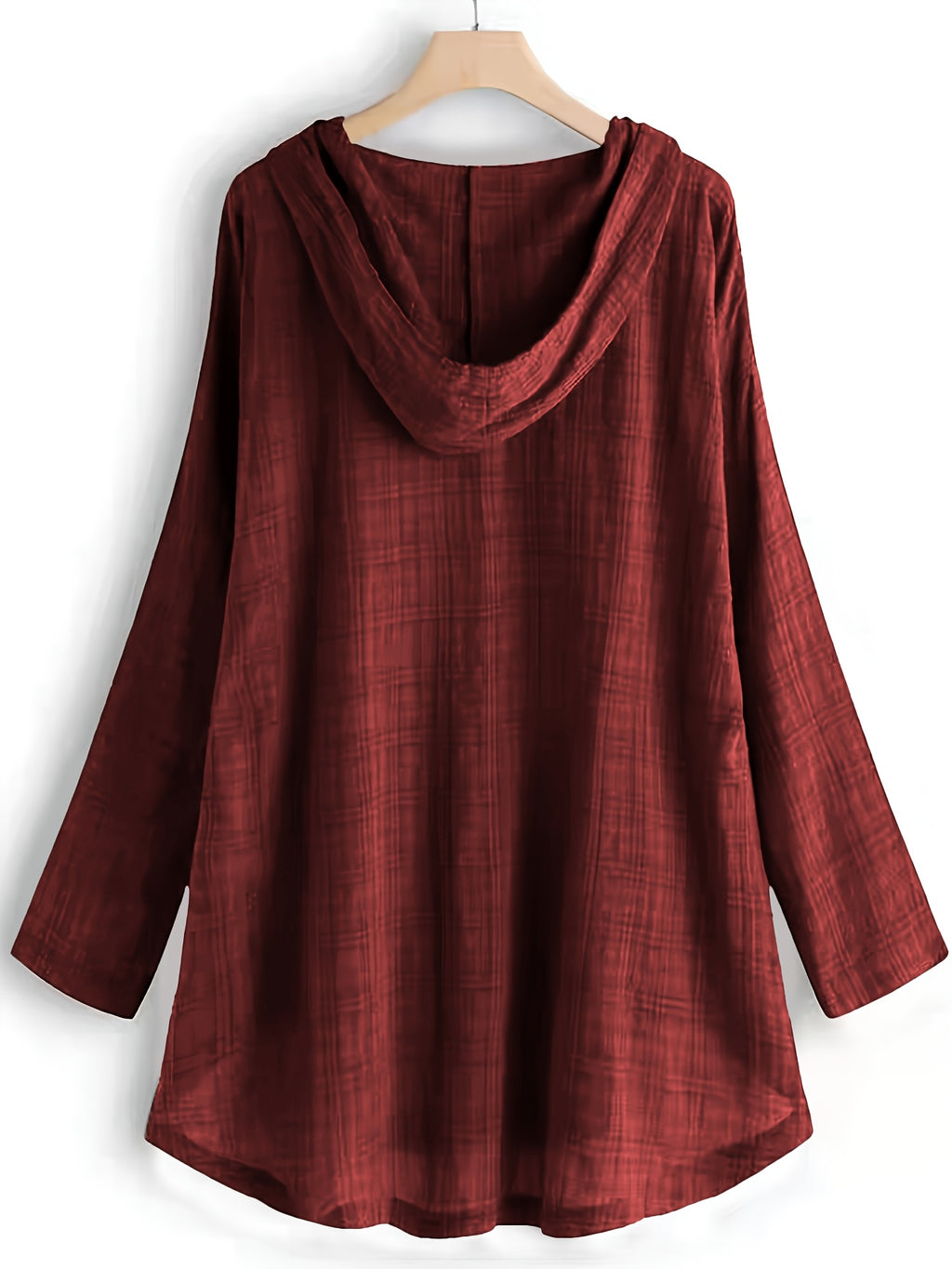 Casual Long-Sleeve Hooded Shirt, Asymmetrical Top, Stylish Plaid Blouse, Autumn Waist-Tied Outerwear for Women, Elegant Long-Sleeve Drawstring Shirt - Burgundy