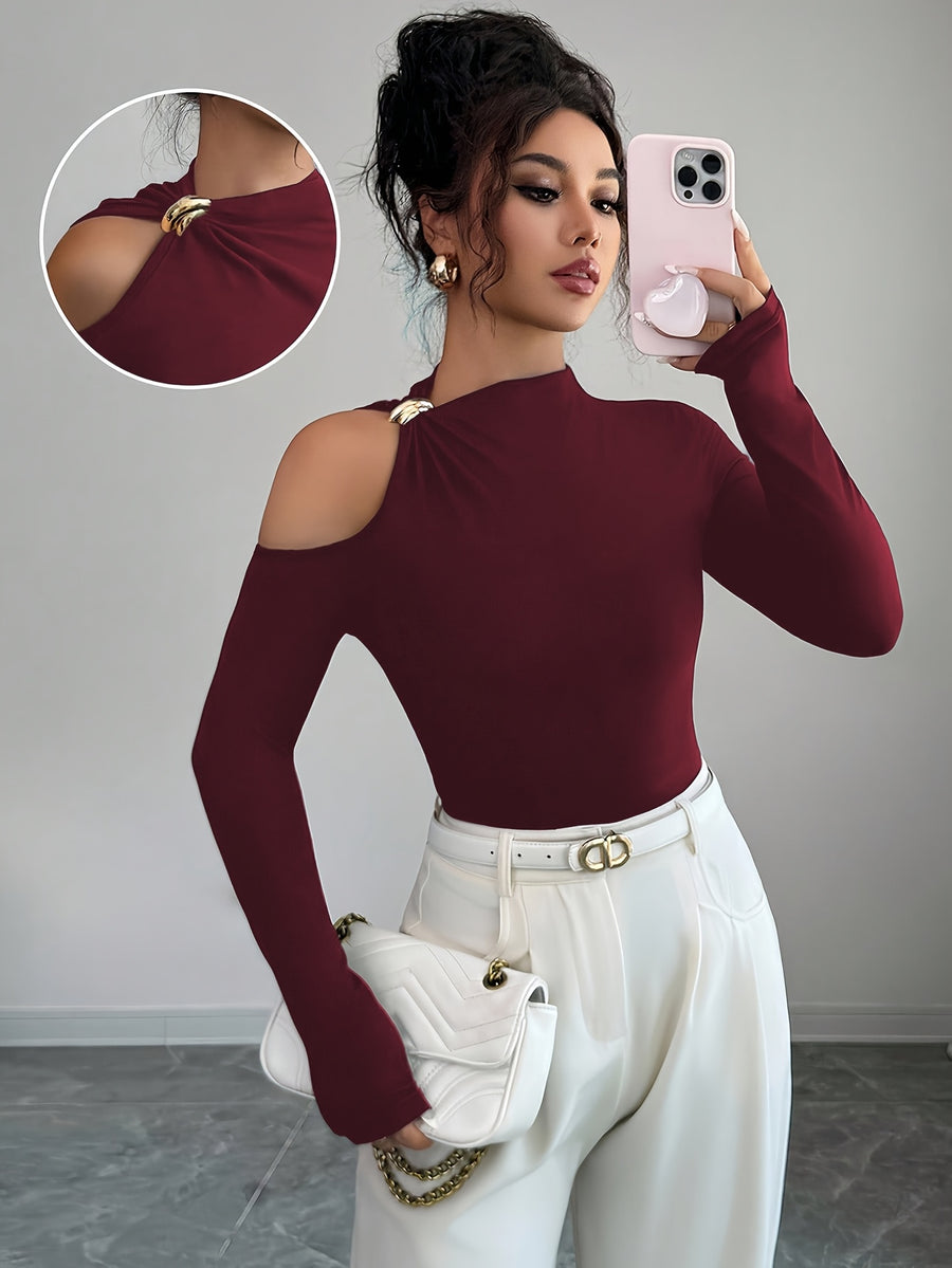 Women's Fashion Slant Collar Design with Metal Decoration Autumn Winter Long Sleeve Top - Deep Red