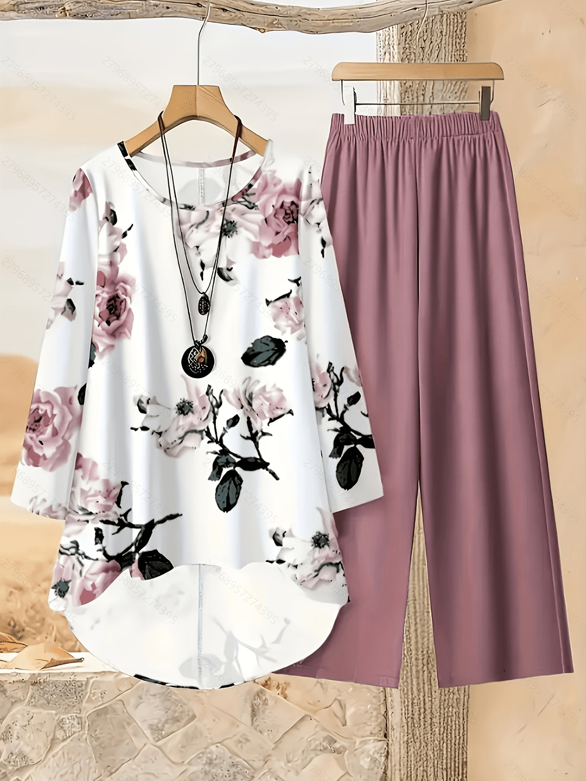 Women's Fashionable and Elegant Bohemian Print Long Sleeve and Long Pants Set - Pink Flower Pattern
