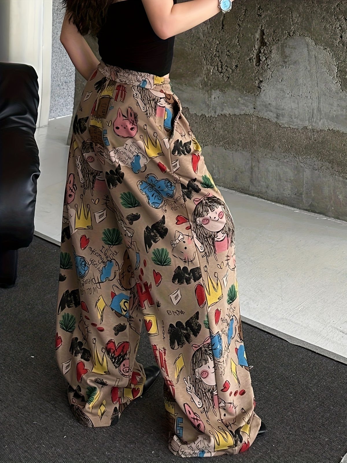 Y2K Women'S Cute Cartoon Graffiti Wide Leg Pants - Multicolor