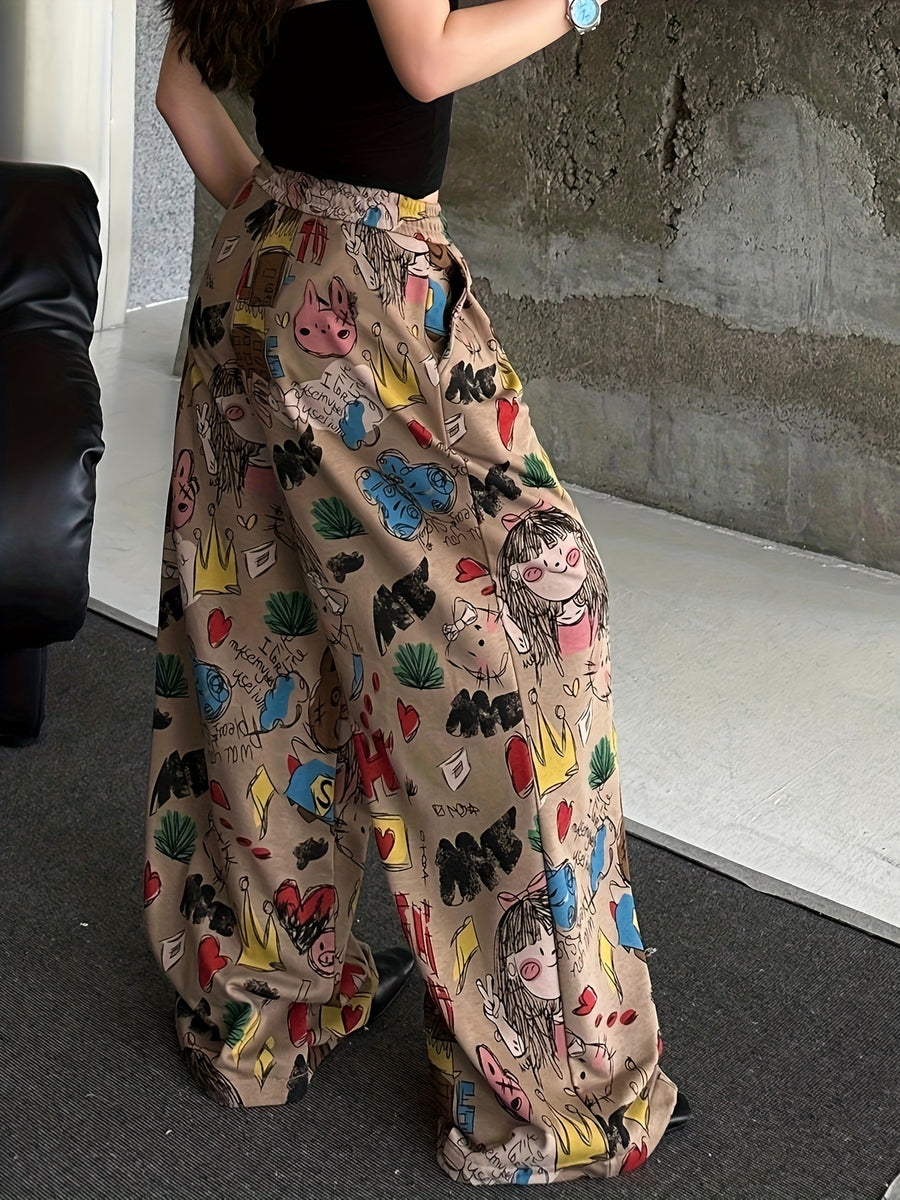 Y2K Women'S Cute Cartoon Graffiti Wide Leg Pants - Multicolor