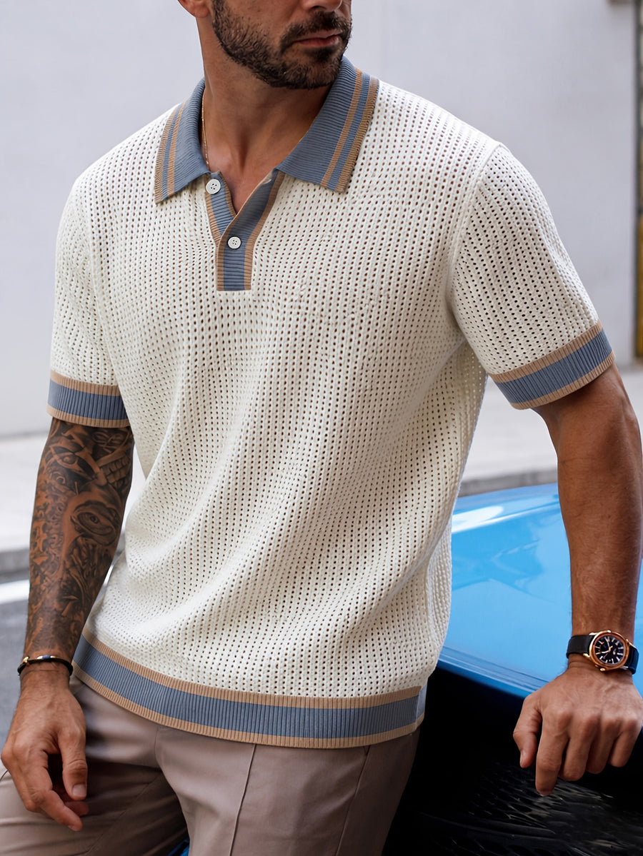 Men's Polo Shirt, Knitted Short Sleeve, Summer, Hollow-Out Breathable Color-Block Top, Suitable for All Occasions - Apricot