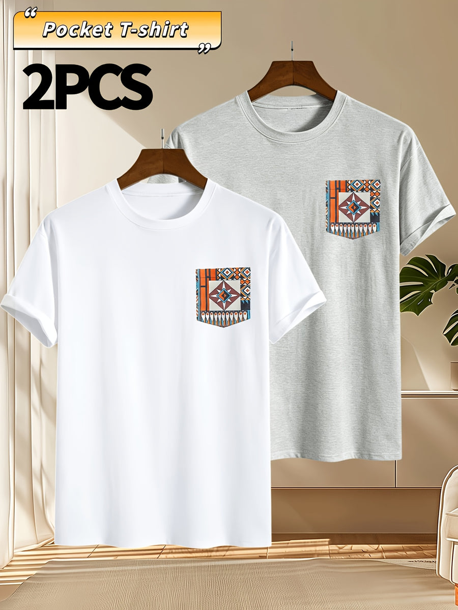 2pcs Men's Round Neck Pocket Short-Sleeve T-Shirt, Suitable for Summer Outdoor Casual Wear, Versatile Casual Knit Top, Men's Casual Pocket Design Sport T-Shirt - White + light gray