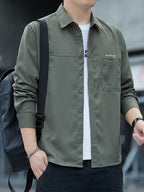 Men'S Long Sleeve Shirt Patchwork Single Pocket Letter Print Outdoor Casual Spring Autumn Regular Daily Commute Office Date Party - Military Green