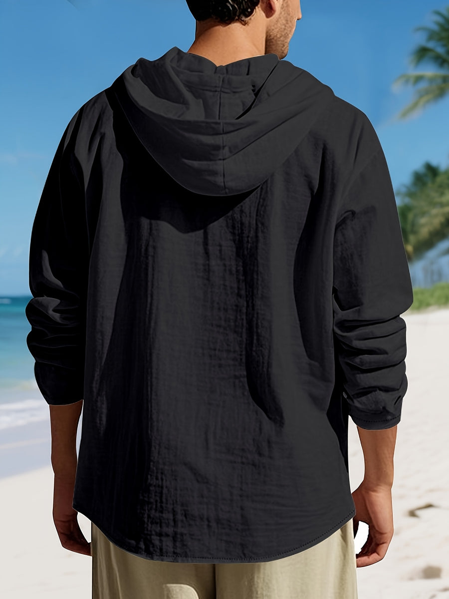 Men'S Casual Linen Hooded Shirt, Lightweight Breathable Fabric, Relaxed Fit Long Sleeve Design, Button Front Closure, Adjustable Drawstring Hood, Comfortable Pullover Style for Beach Vacations, Resort Travel, Yacht Trips, Camping, Outdoor Activities - Black