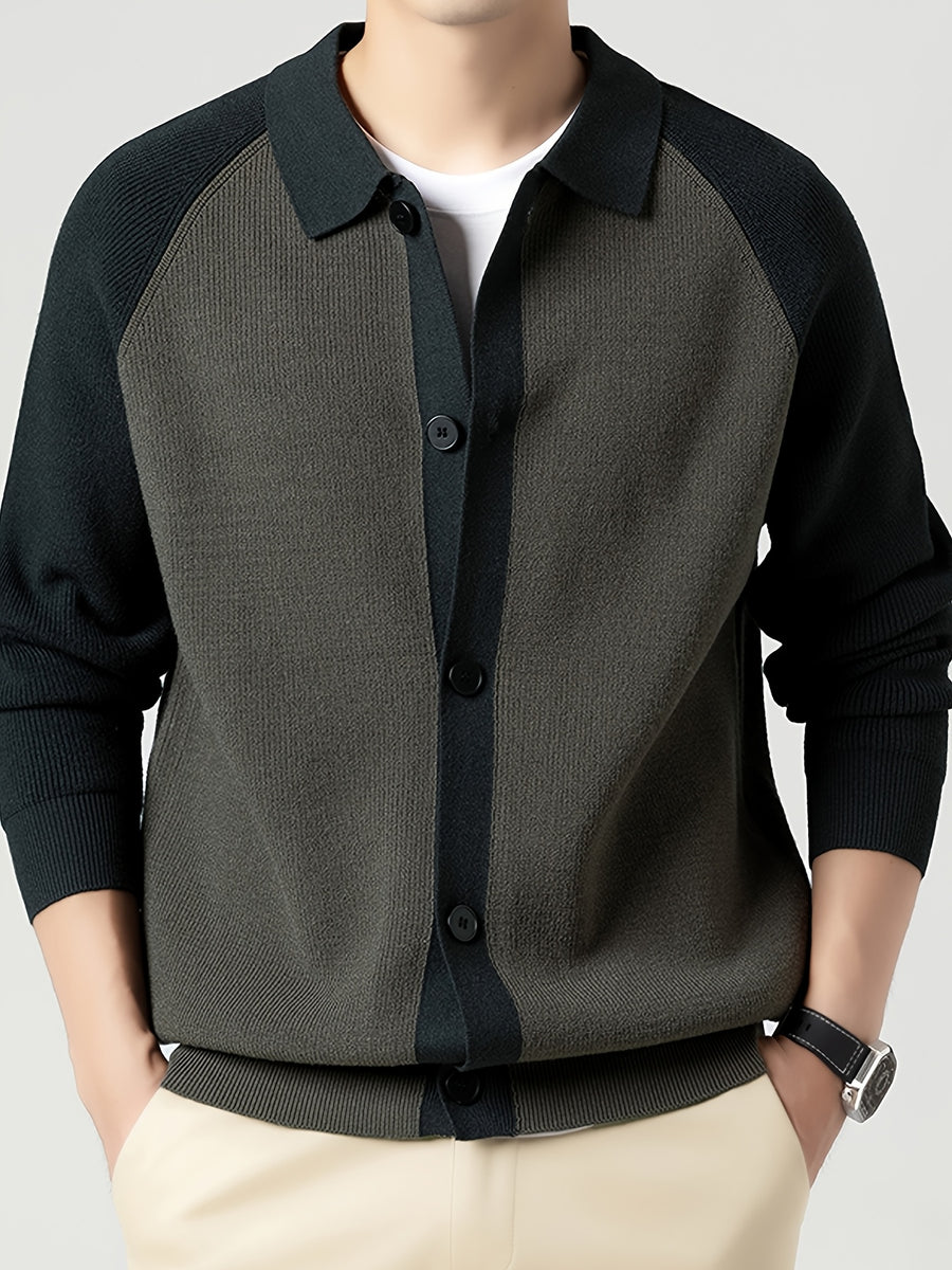 New High-Quality Knitted Cardigan with Lapel, Loose Fit, Fashionable Casual Color Block Men'S Fashion Handsome Autumn And Winter Velvet Blend Top Men'S Clothing - Dark Green