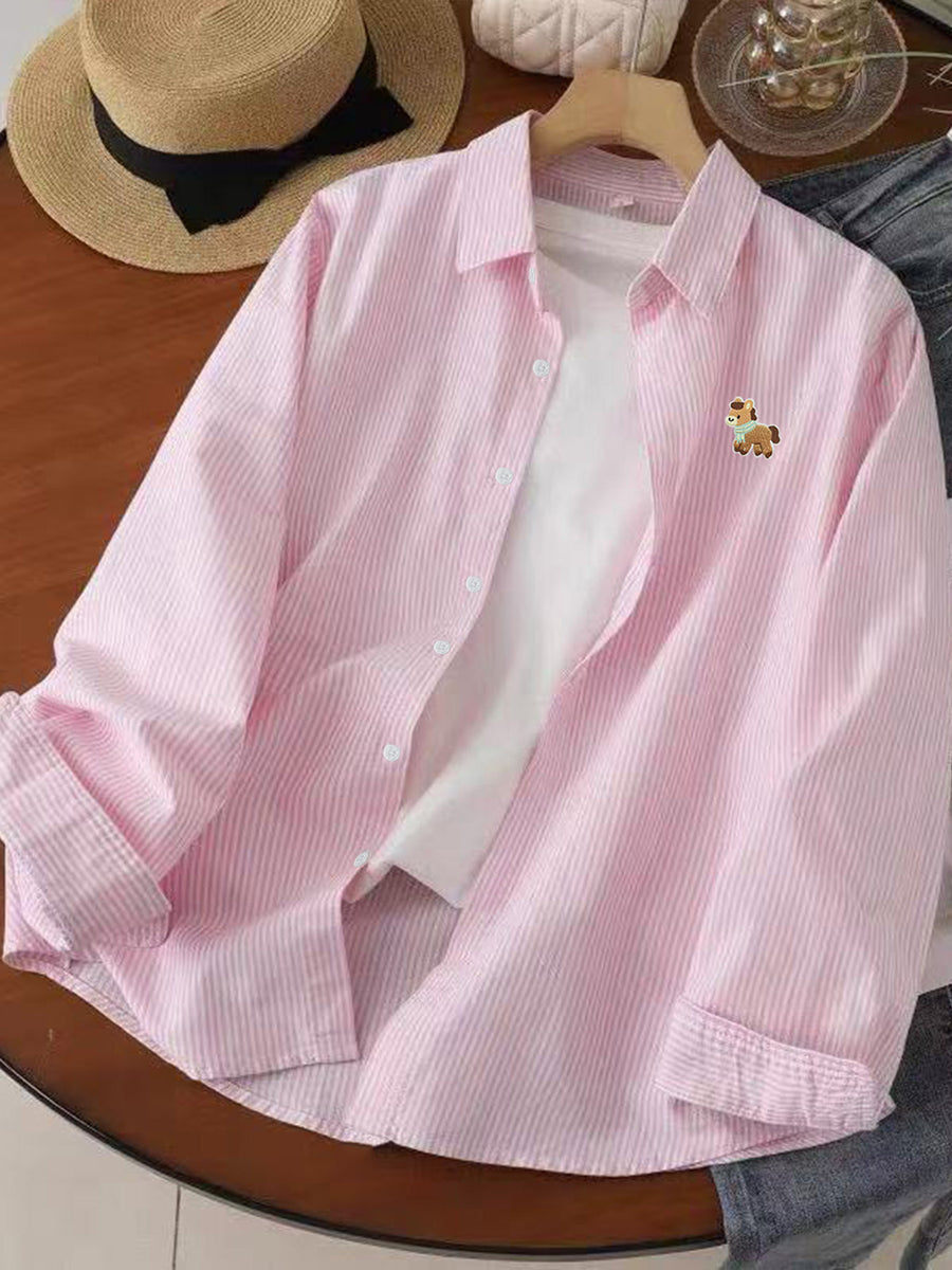 Hong Kong Style Casual Lazy Vertical Striped Cartoon Fun Gift Little Pony Pattern Long Sleeve Shirt Thin Versatile Blouse Men'S Fine Striped Shirt - Pink Color