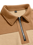 Light Luxury Color-Block Patchwork Half-Zip Lapel Sweater, Men'S Pinstripe Stretch Long Sleeve Casual Commuter Top - Khaki