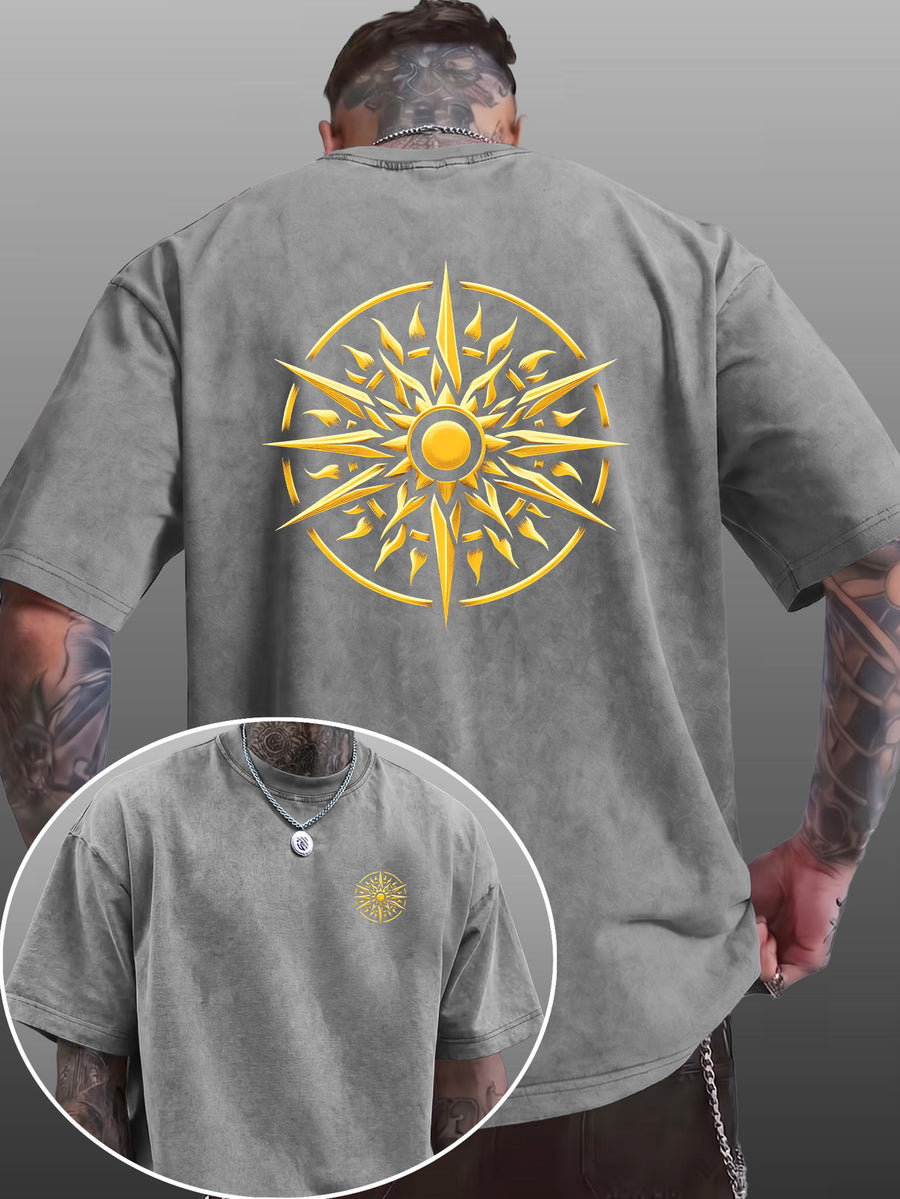 Men's Short-Sleeve T-Shirt, Pure Cotton Loose Fit Washed Distressed Top, Golden Compass Sun Pattern Trendy Reversible Double-Sided Print, Multiple Colors for Mix & Match, American Streetwear High Street Hip-Hop Style, for Daily Outings - Grey