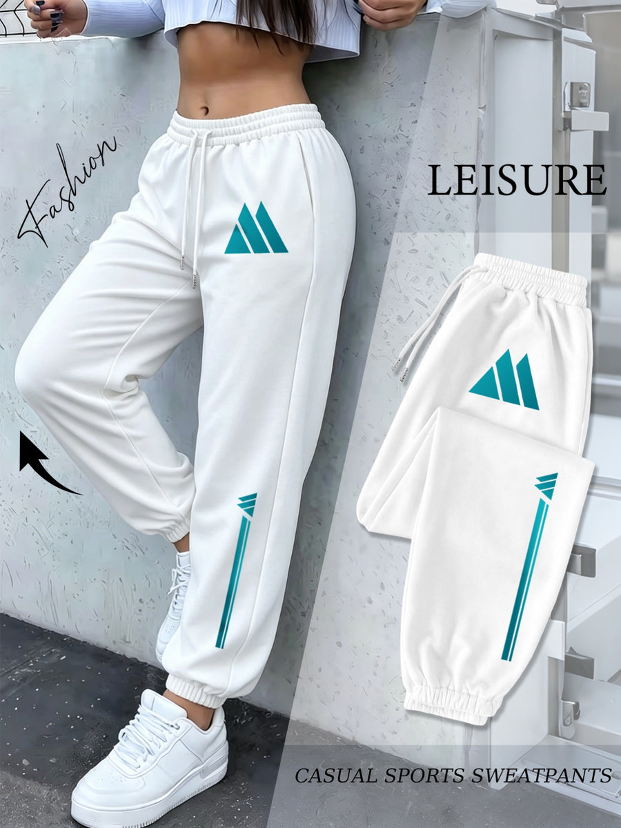 Turquoise Blue Mountain Triangle Geometric Vertical Stripe Print Ankle-Cinching Joggers Women'S High-Waist Drawstring Loose Outdoor Casual Trousers - White
