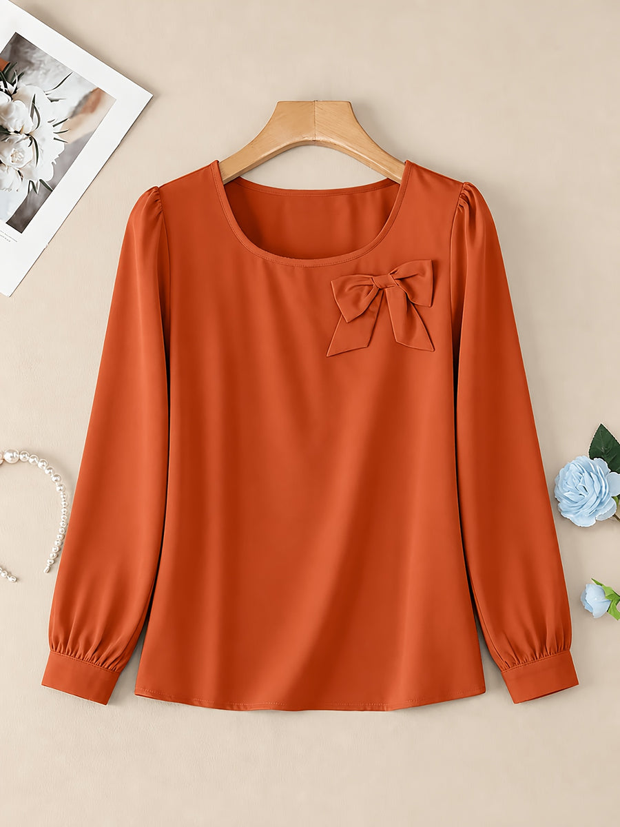 Elegant Casual Long-Sleeve Blouse with Bow and Lantern Sleeves, Solid Color Top ASD1 - Orange-Red