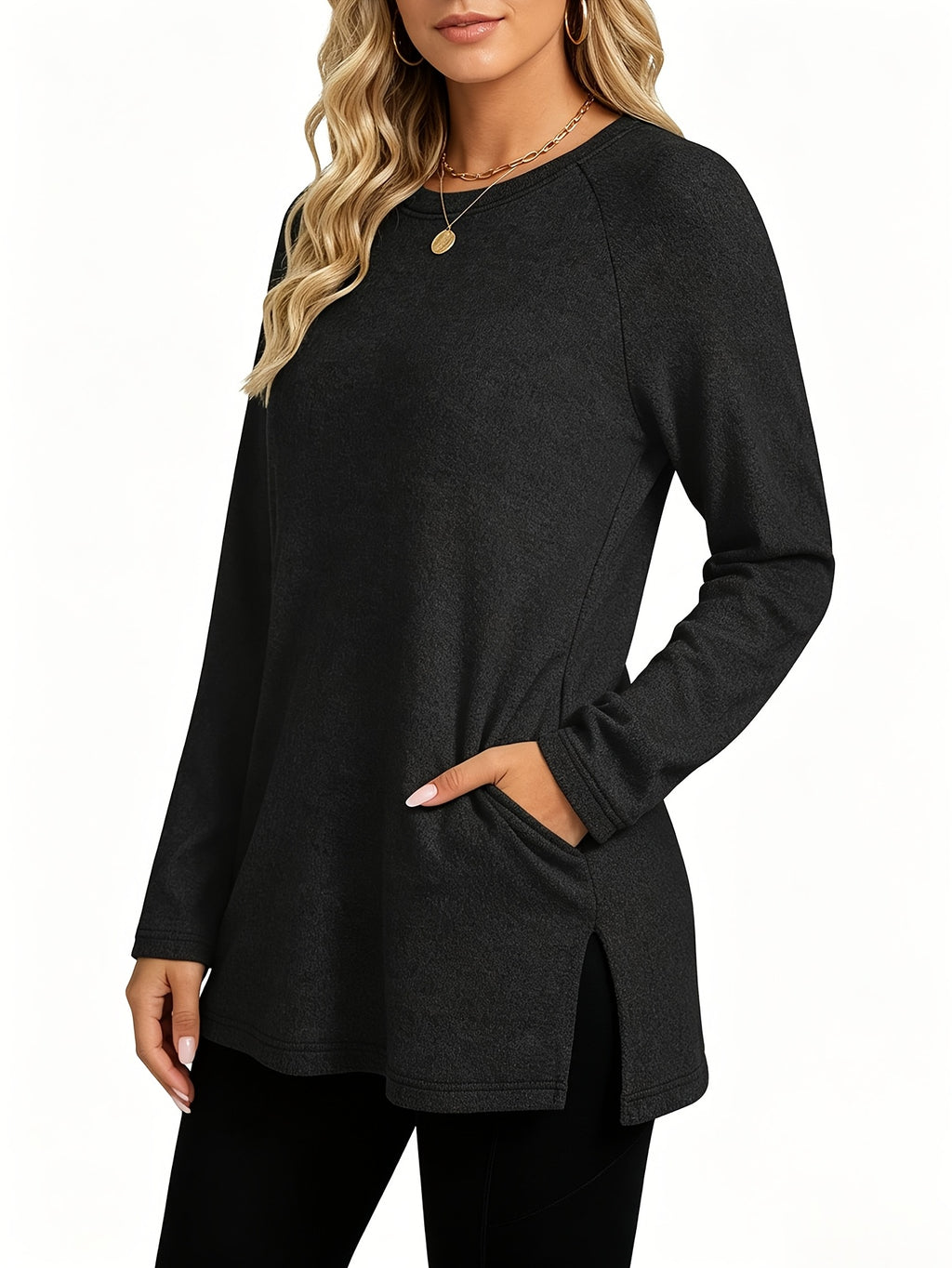Women's Oversized Longline T-Shirt with Pockets - Loose-Fit Round Neck Long Sleeve -Compatible Basic Top, Solid Color Machine Washable - Casual Basic Wardrobe Staple for Layering & Casual Attire (No Transparency) - Black