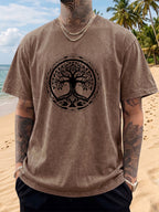 Short Sleeve T-Shirt Men'S Loose Washed Distressed Tree of Life Round Totem Trendy Double-Sided Print 12 Colors Random Match American Street High Street Hip-Hop Top Casual Outing Commuting Sports Fitness Couple Style Statement Y2K National Trend Sho - Brown