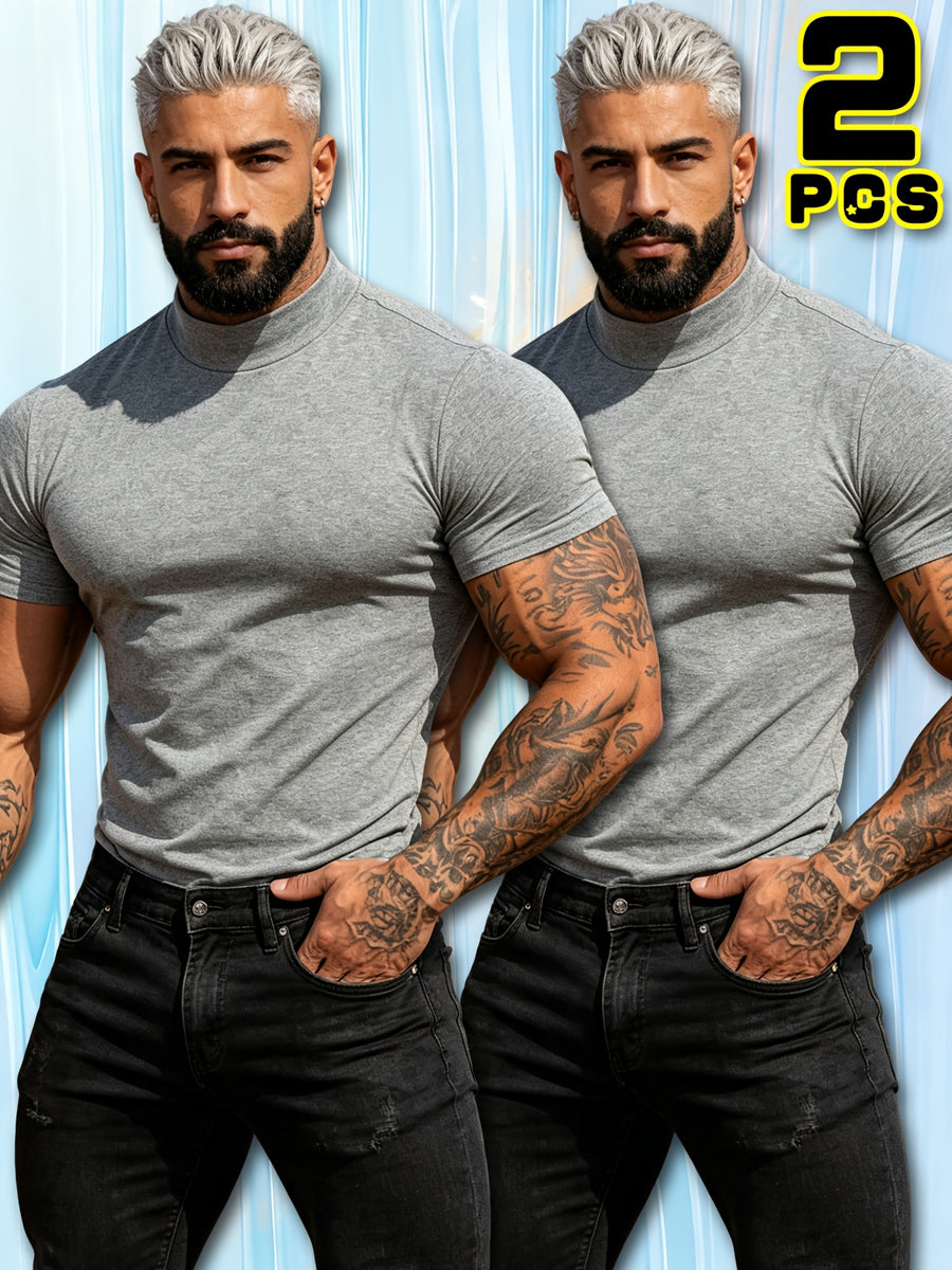 Summer Breathable Solid Color Half-Neck Short Sleeve 2pcs Set Men'S Shaping Slimming High-Elastic Fabric Light Luxury Fashion Fitness Sports Daily Wear Easy Premium Feel Versatile Base Top - Light Grey