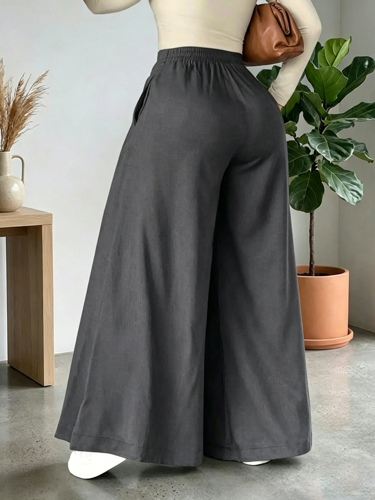 HMY High-Waisted Wide-Leg Pants for Women, Draped Suit Pants, Loose Fit Straight-Leg Floor-Length Casual Trousers + Tulan - Dark Gray