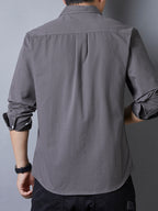 Men's Casual Pure Cotton Long-Sleeve Shirt for Spring and Autumn, Solid Color Simple Lapel Single-Pocket Shirt for Daily Commuting, Work, and Dating, Men's Top - Dark Gray