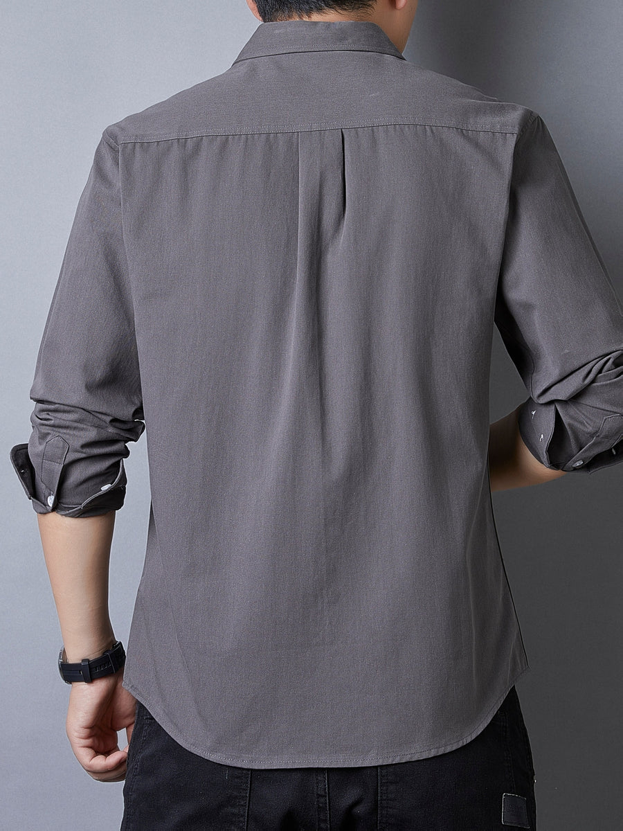 Men's Casual Pure Cotton Long-Sleeve Shirt for Spring and Autumn, Solid Color Simple Lapel Single-Pocket Shirt for Daily Commuting, Work, and Dating, Men's Top - Dark Gray