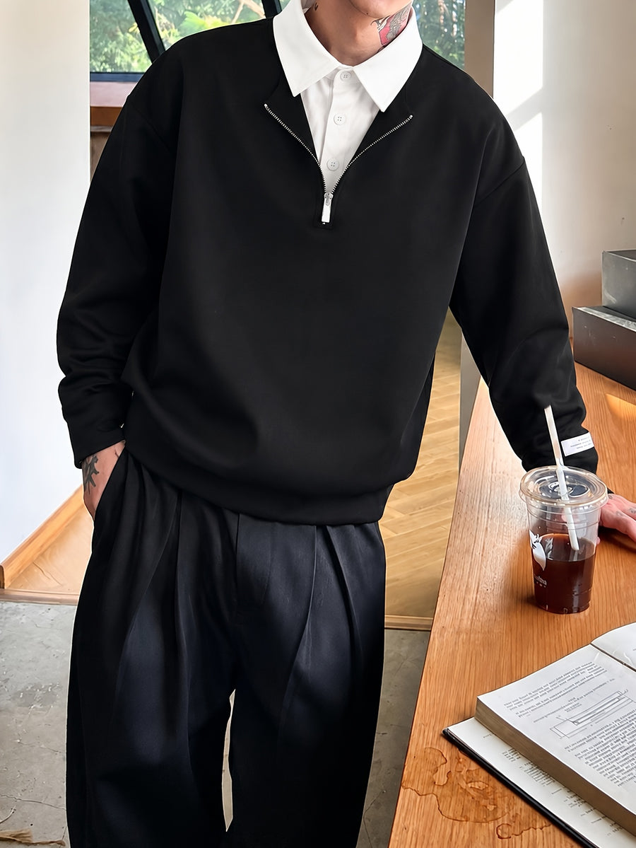 Men's 2-in-1 Look Lapel Long-Sleeve Shirt Sweatshirt with Half-Zip Design, Color-Block Patchwork, Layering Top, Commuting and Casual Pullover Shirt - Black