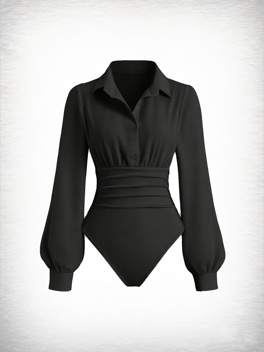 Workplace Business Style Lapel Jumpsuit, Waist-Cinching Pleated Design Long Sleeve Shirt Bodysuit - Black