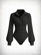 Workplace Business Style Lapel Jumpsuit, Waist-Cinching Pleated Design Long Sleeve Shirt Bodysuit - Black