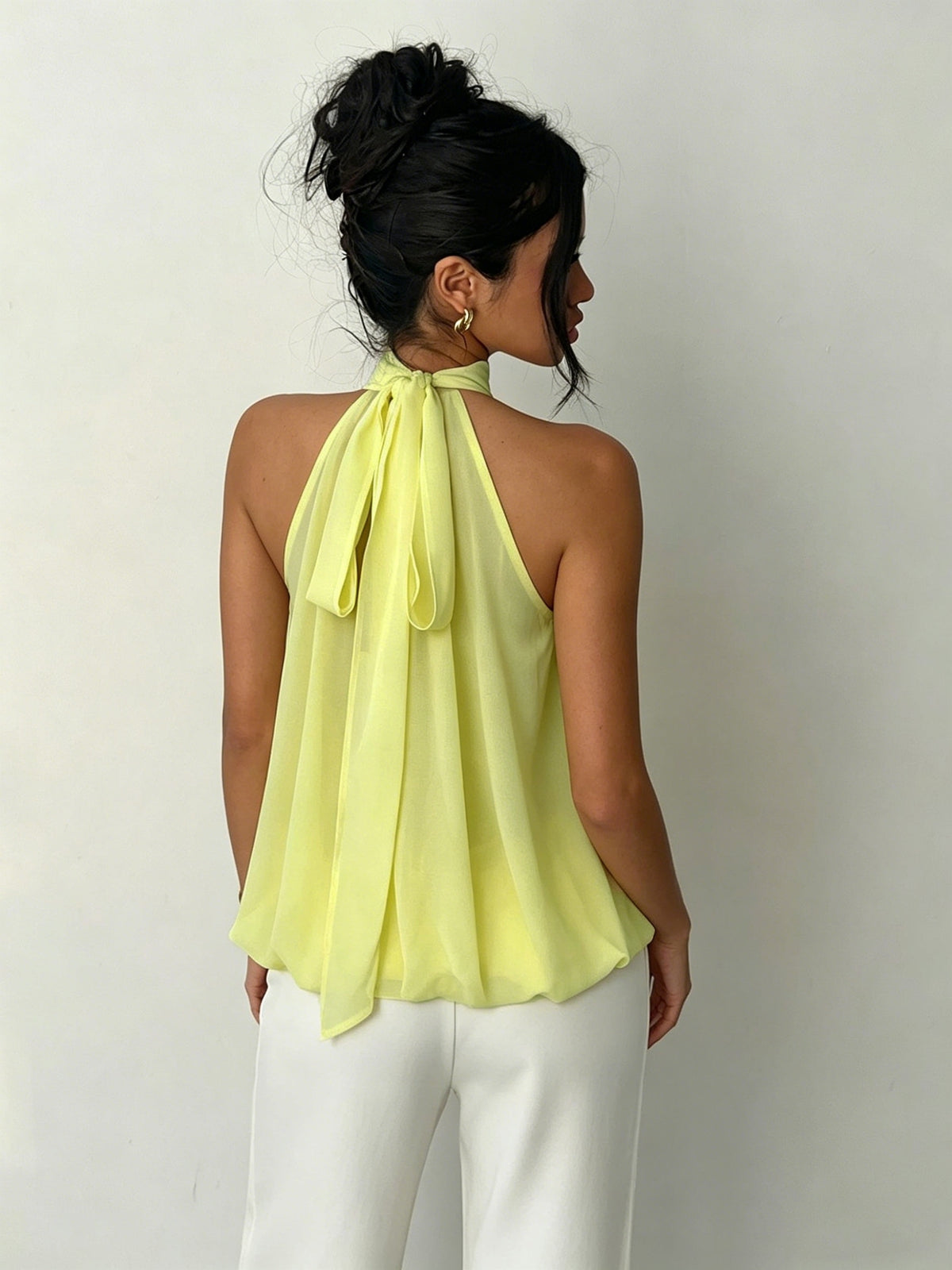Women's Elegant Halter Neck Tie-Back Semi-Sheer Lightweight Top - Goose Yellow