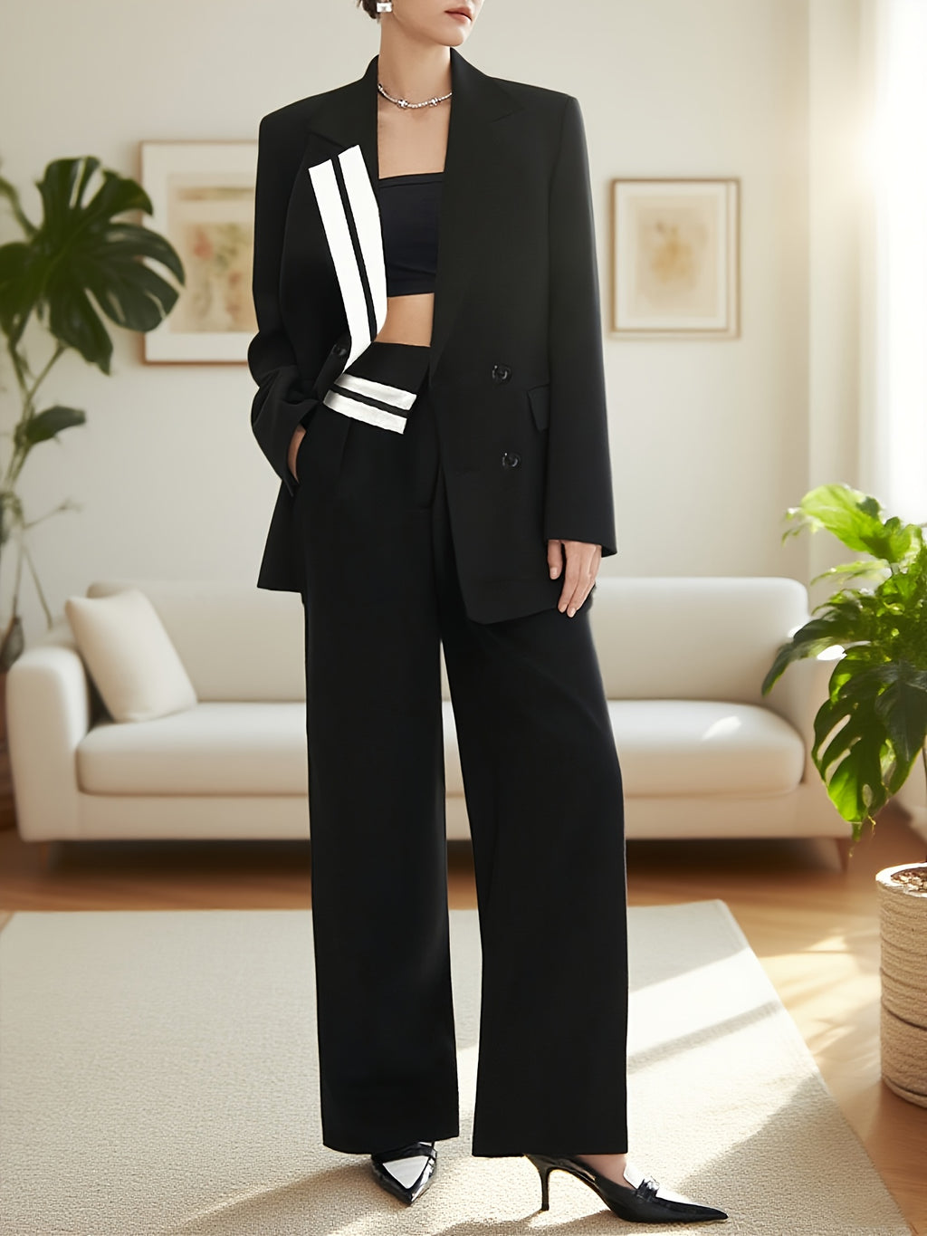 Elegant Tailored Suit Set, Suitable for Dates, Casual Wear, and Work Attire, Pants Suit - Black