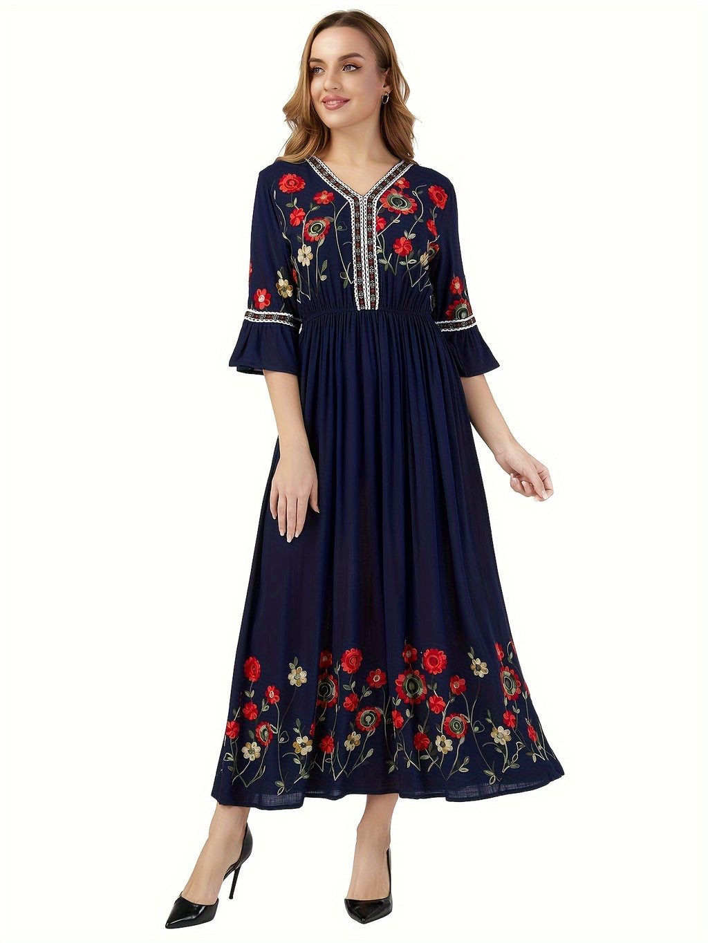 Bohemian Style Women'S Floral Embroidered Maxi Dress - V-Neck, 3/4 Sleeve, Elastic High Waist, Slight Flare Skirt, Ideal for Wedding Guests, Vacation, And Casual Wear - Navy blue color