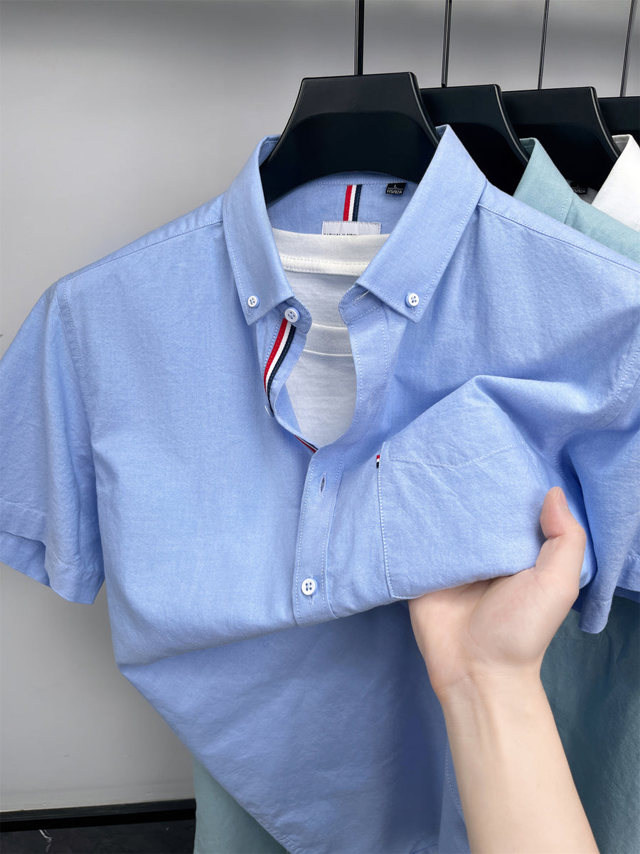 Men's Pure  Short-Sleeve Shirt, High Quality, Suitable for Business, Outerwear, Home, Gatherings, Parties, Skin-Friendly, Breathable, Fine Texture, Mature Style - Light Blue